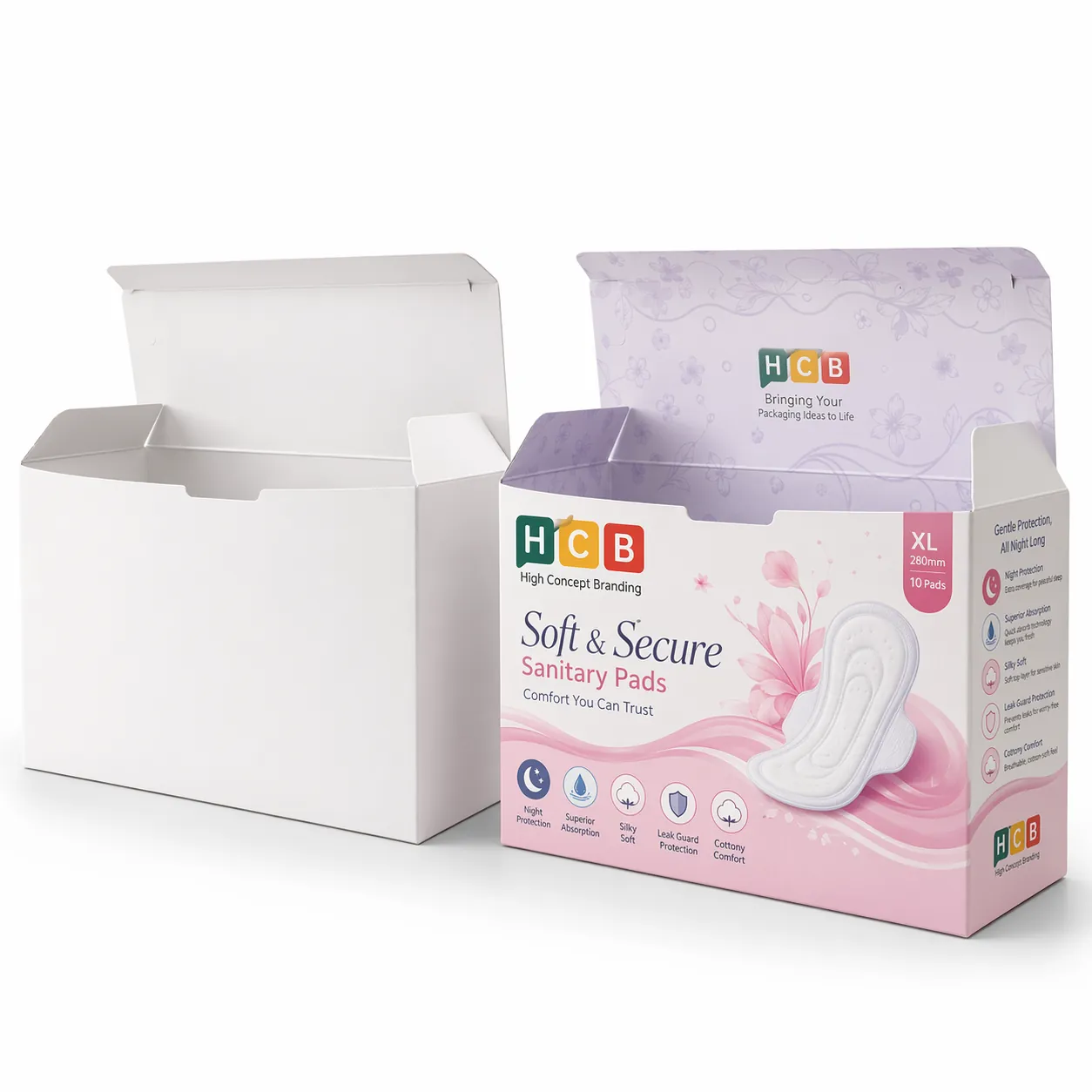 Two wide cardboard boxes, one plain and one with pink branding, shown with their lids open.